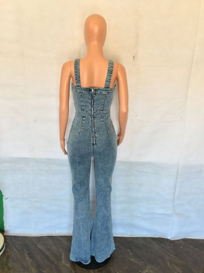 Fashionable casual sexy shoulder strap denim jumpsuit