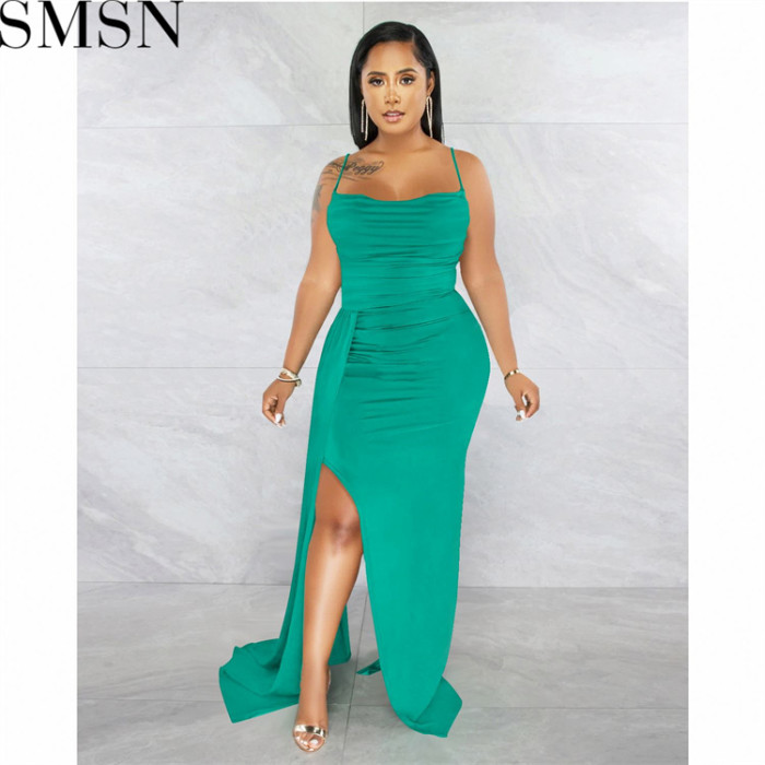 Plus Size Dress European and American sling solid color side drag side open dress for women