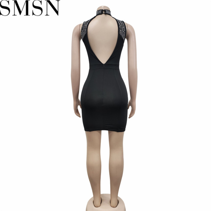 Plus Size Dress fashion women wear solid color rhinestone mesh see through sleeveless dress