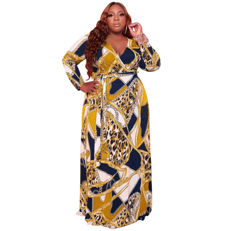 Plus Size Dress Amazon autumn and winter New V neck stretch knitted large size women dress with belt