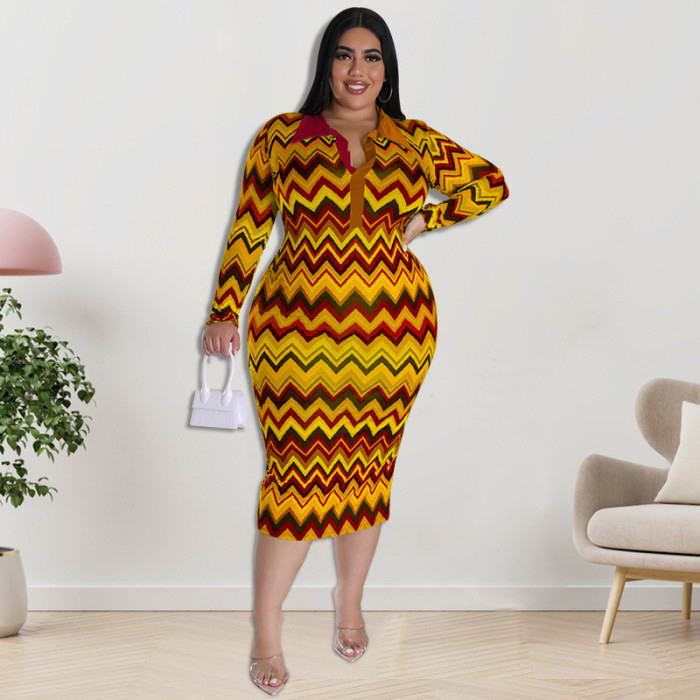 Plus Size Dress European and American long sleeve collar printed open tube fashion dress