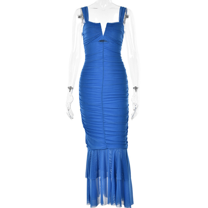 Fashionable Sleeveless Tight Pleated Fishtail Dress