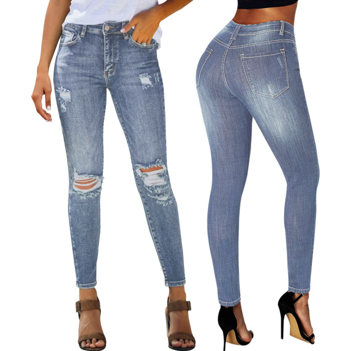 Hole washing slim elastic denim Leggings