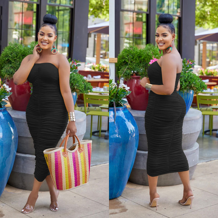 Solid Color Sleeveless Pleated Bra Long Dress