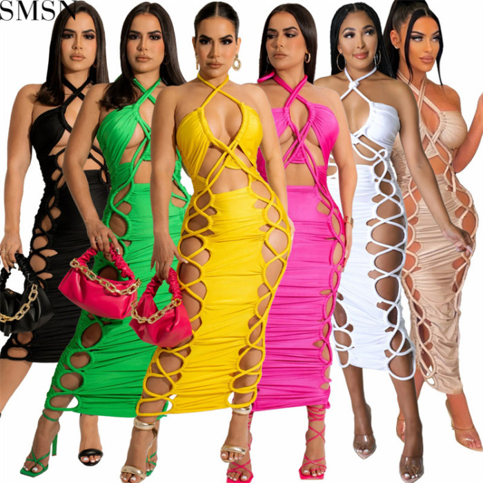 Fashion dress for women 2022 European and American neck hanging hollow tight suspender sexy nightclub dress