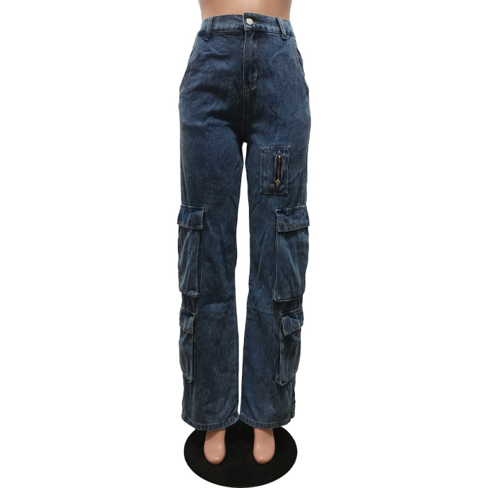 Fashionable water washing work bag zipper casual elastic waist denim pants