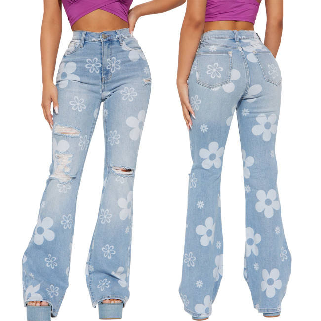 Fashion trend printed jeans stretch fit Bell-bottoms