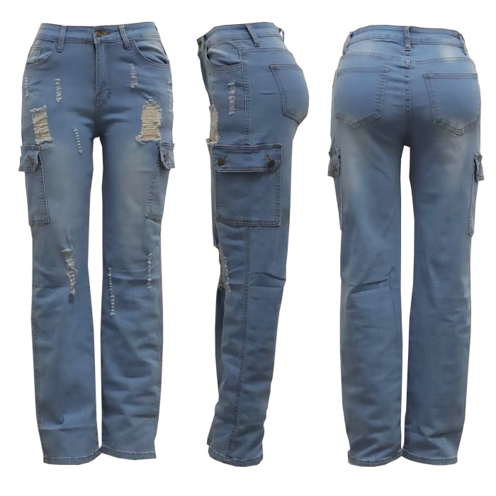 Fashion Pocket High Waist Elastic Slim Fit Straight Leg Pants