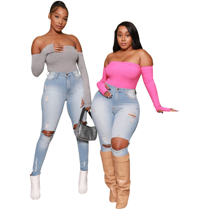 Hole washing slim elastic denim Leggings