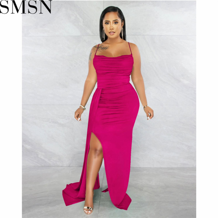 Plus Size Dress European and American sling solid color side drag side open dress for women