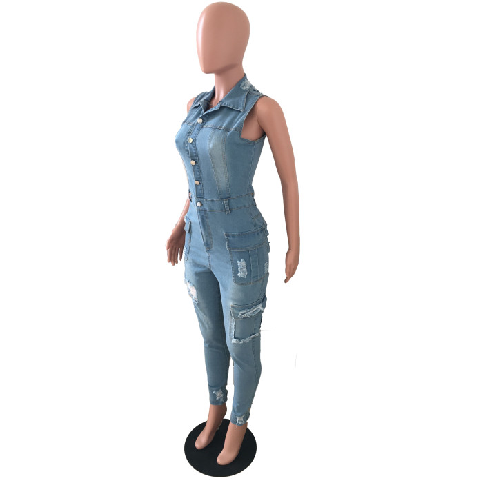 Casual slim hole denim Jumpsuit
