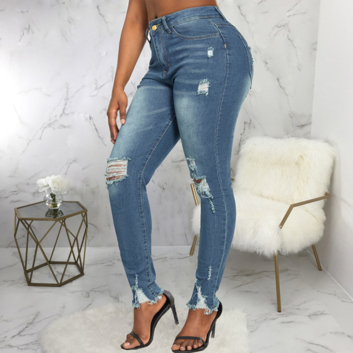Fashionable slim and versatile stretch jeans Slim-fit pants with holes
