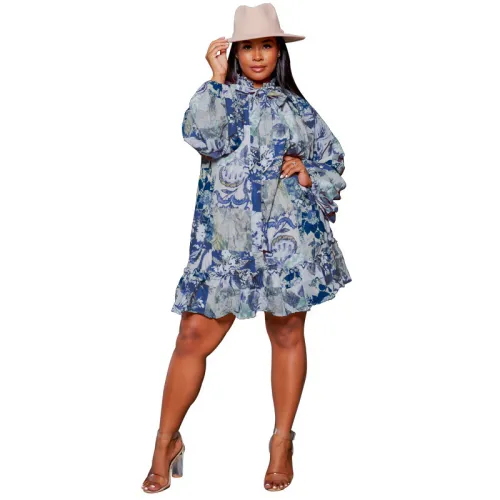 Plus Size Dress Printed Lotus Collar Sexy Woven Large Swing Skirt with Belt Large Size Women Dress