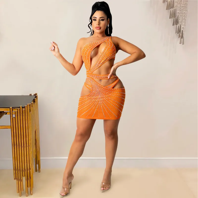 Sexy solid color women's clothing rhinestone mesh shoulder hollow dress plus size casual dress