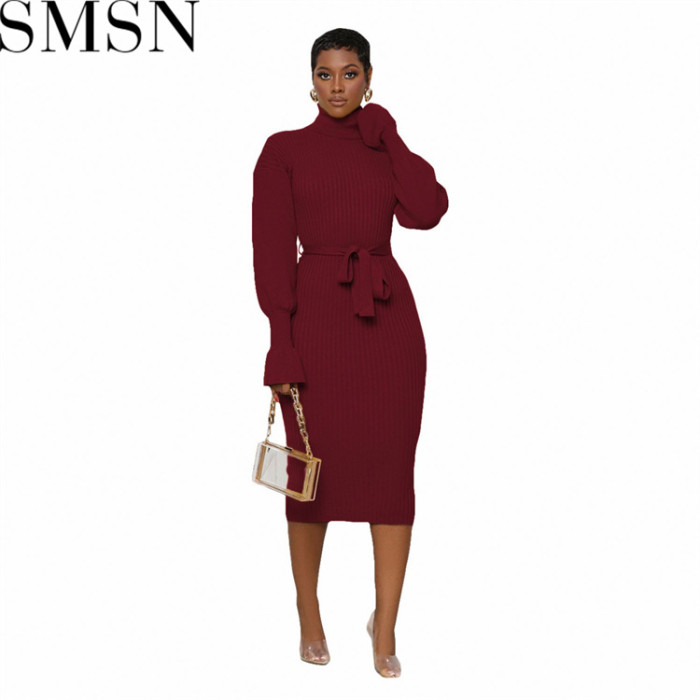 Plus Size Dress European and American women clothing solid color turtleneck knitting tied dress
