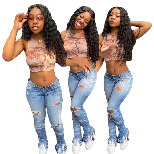 Hole flow comb pile pants jeans