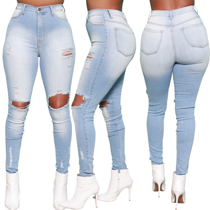 Hole washing slim elastic denim Leggings