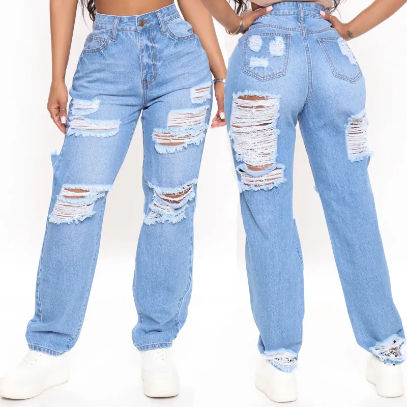 Casual loose High Waist Wide Leg Jeans with holes