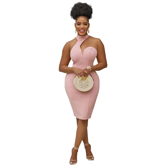 Plus Size Dress fashion pure color halter wrapped chest sleeveless cold shoulder dress