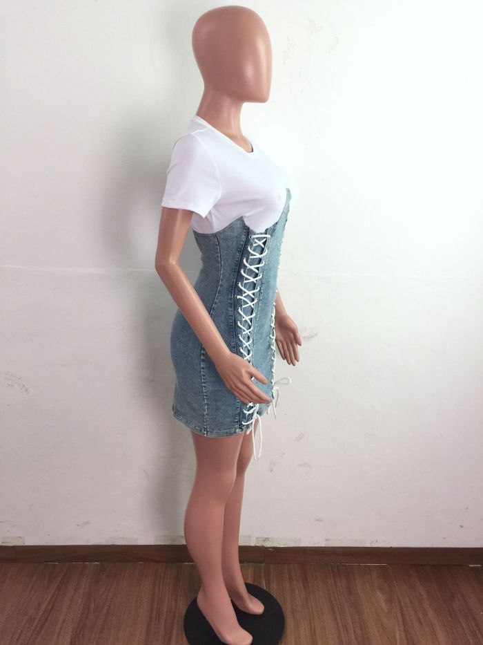 Fashion denim color matching sexy dress