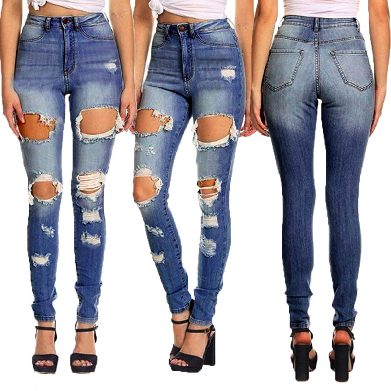 Fashion high waist denim tight pants with holes