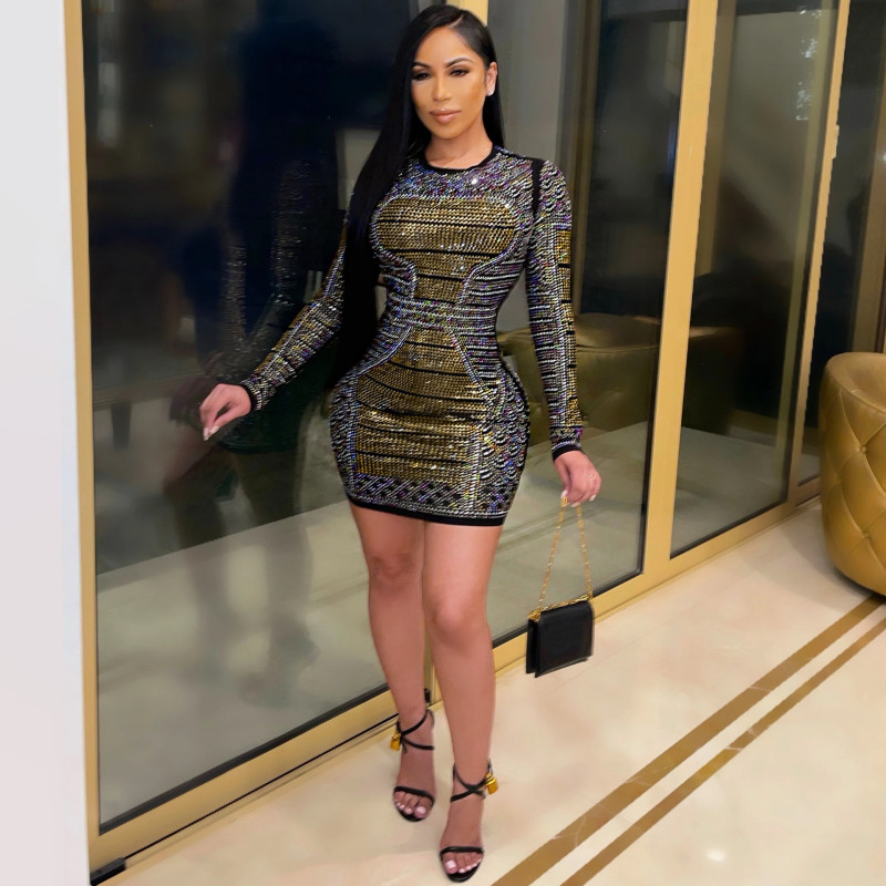 Fashion women dress new sexy nightclub milk fiber rhinestone colorful crystals long sleeve dress