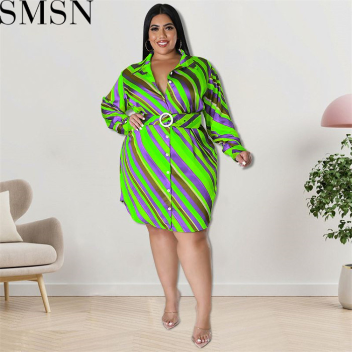 Plus Size Dress Wholesale Supply Autumn Long Sleeve Diagonal Striped Shirt Women Dress