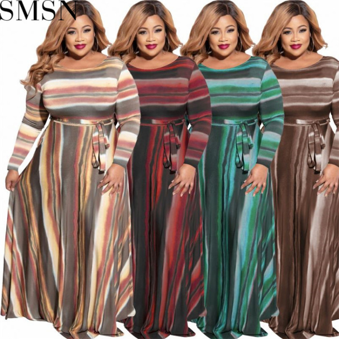 Plus Size Dress Amazon autumn and winter New striped print with belt stylish loose plus size women dress