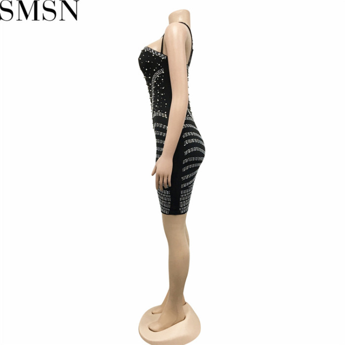 Casual Dress fashion sexy nightclub hot rhinestone diagonal collar mesh see through midi dress