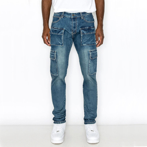Fashion elastic side pocket jeans men's cargo pants