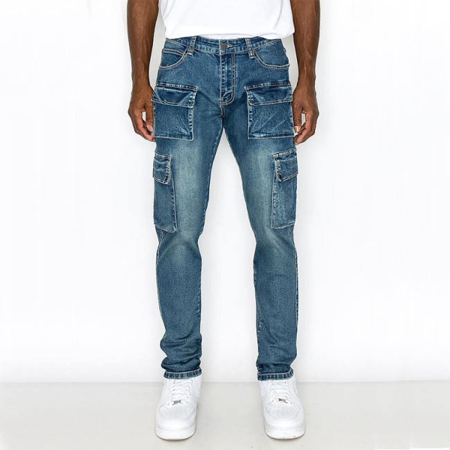 Fashion elastic side pocket jeans men's cargo pants