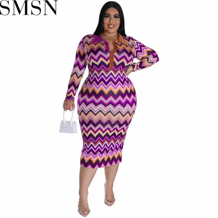 Plus Size Dress European and American long sleeve collar printed open tube fashion dress