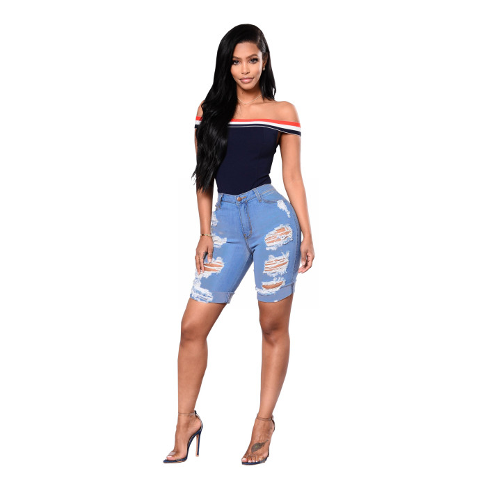 Fashionable water wash hole high waist jeans
