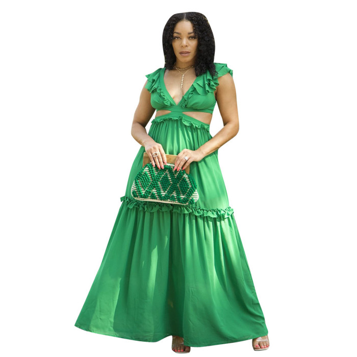 Plus size dress Amazon Quality Dress Sexy Deep V Lace up Wooden Ear Ruffled Vest Dress