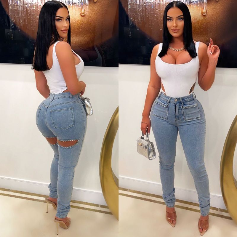 Casual distressed washed and pearl trimmed jeans