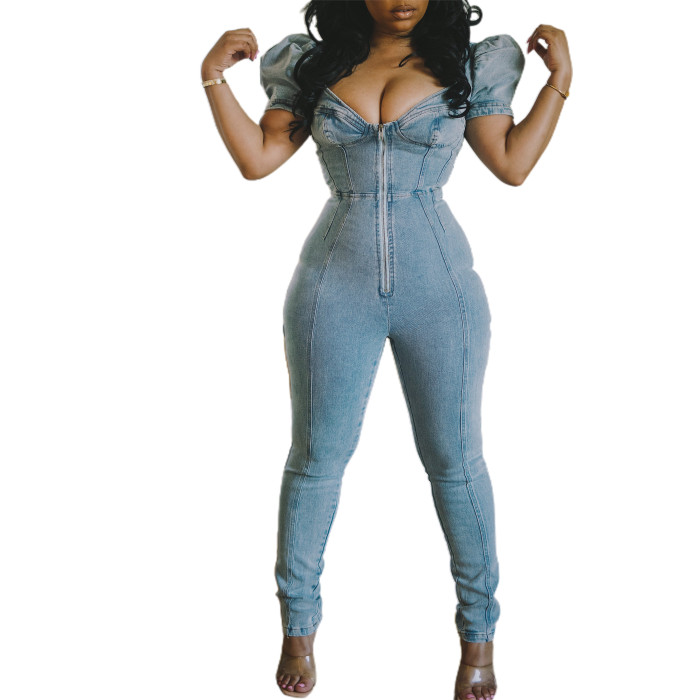 Fashion slim bubble sleeve Jumpsuit jeans