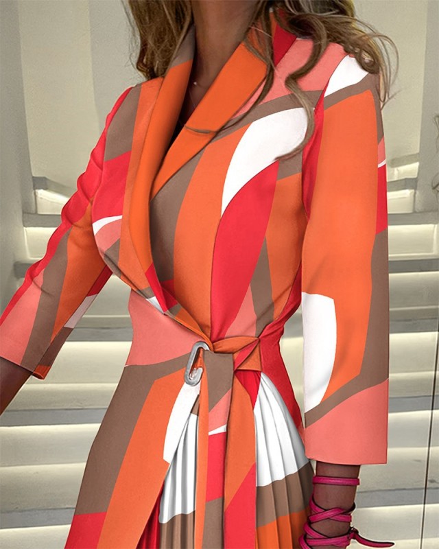 Embossed V-Neck Fashion Tie Pleated Dress For Women