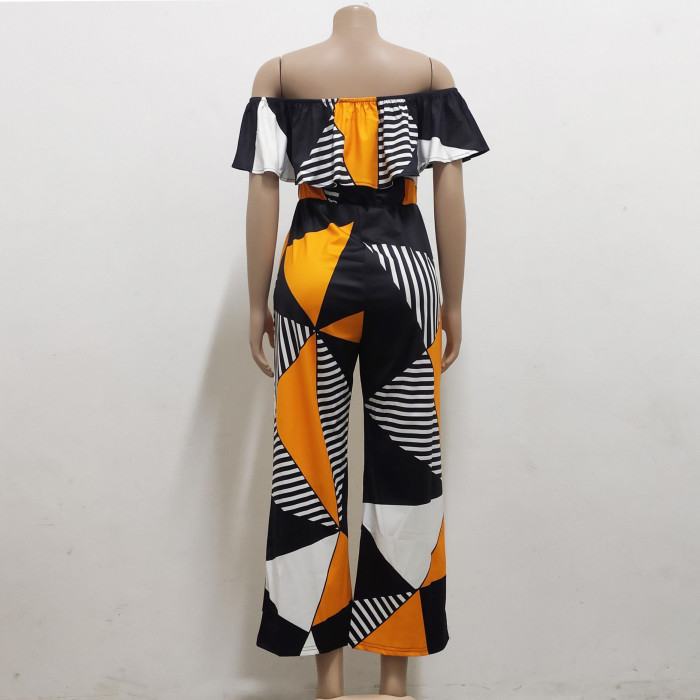 Sexy and fashionable one-line collar bra printed jumpsuit