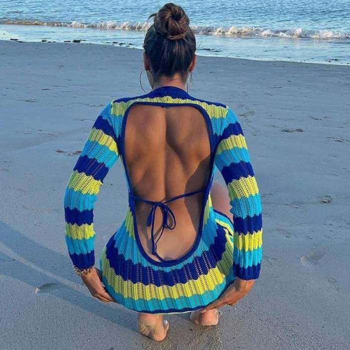 Sexy Backpack Hip Knit Contrast Color Beach Dress