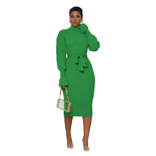 Plus Size Dress European and American women clothing solid color turtleneck knitting tied dress