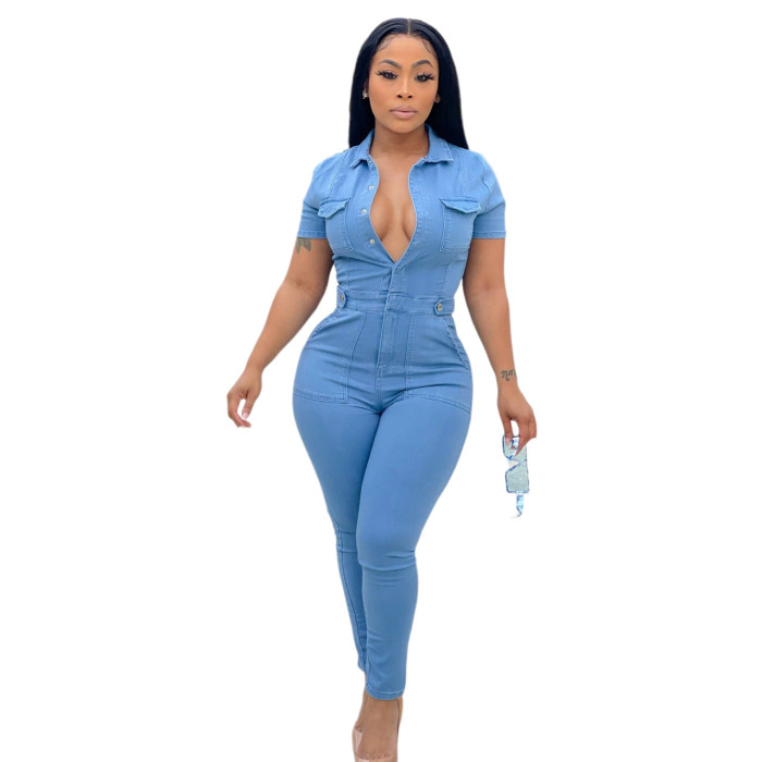 Casual fashion denim slim Jumpsuit