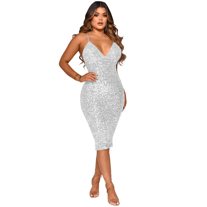 Casual Dress new pure color sequins sexy V neck brace midi dress for women