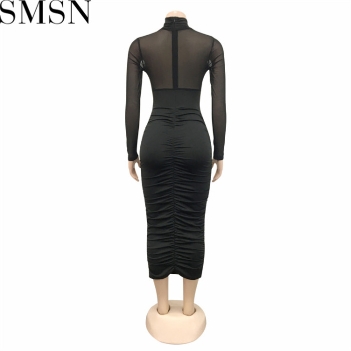 Plus Size Dress Amazon Fashion Women Mesh Long Sleeve Solid Color Wrapped Chest Navel Dress