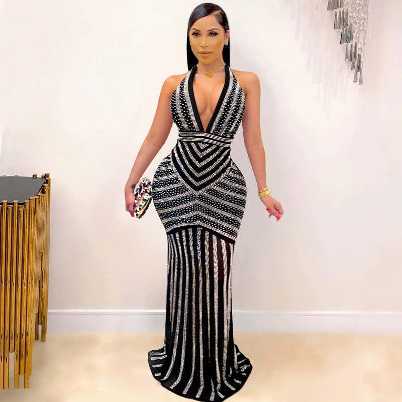 Fashion women dress deep V-neck and backless nightclub party formal dress rhinestone see-through dress plus size casual dress