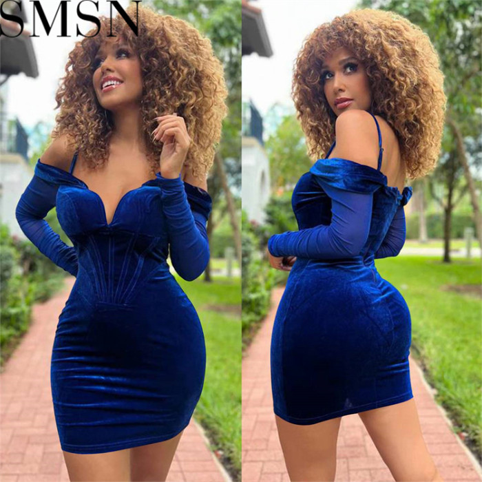 Plus Size Dress mesh long sleeve off the shoulder V neck velvet spaghetti straps dress for women