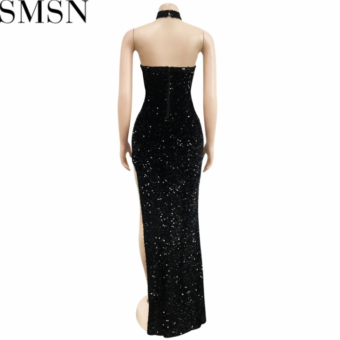 Plus Size Dress Amazon Sequin See-through Solid Color Sleeveless Halter Dress