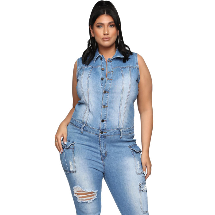 Casual slim hole denim Jumpsuit