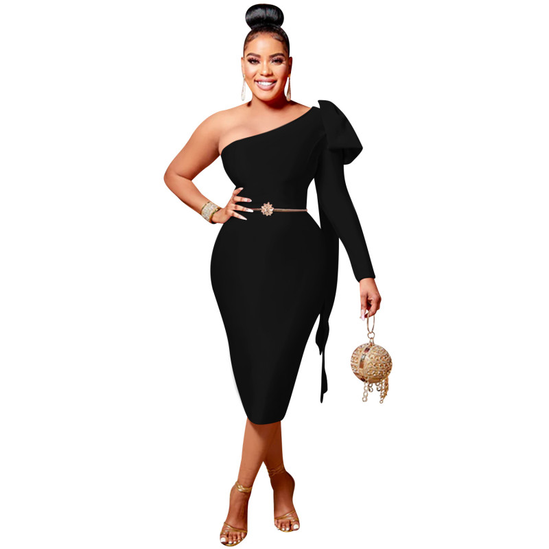 Fashion women dress Amazon women wear new diagonal collar single long sleeve bowknot ribbon dress