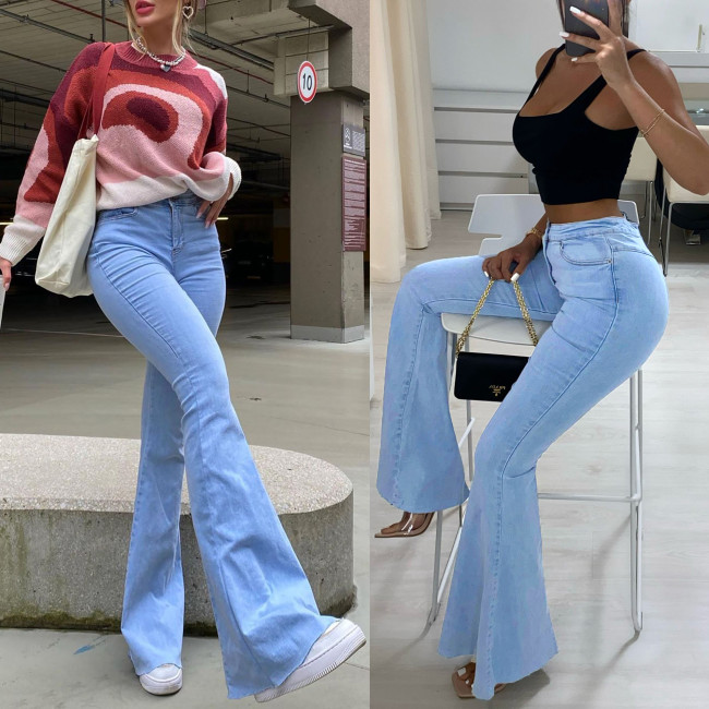 Denim high waist leg flared trousers