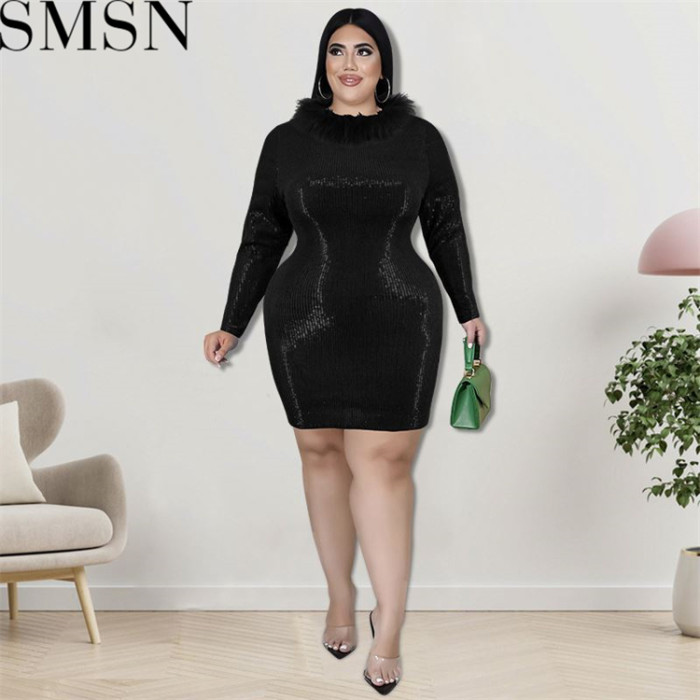 Plus Size Dress large size fall fur collar Velvet Bottom embroidered sequined dress